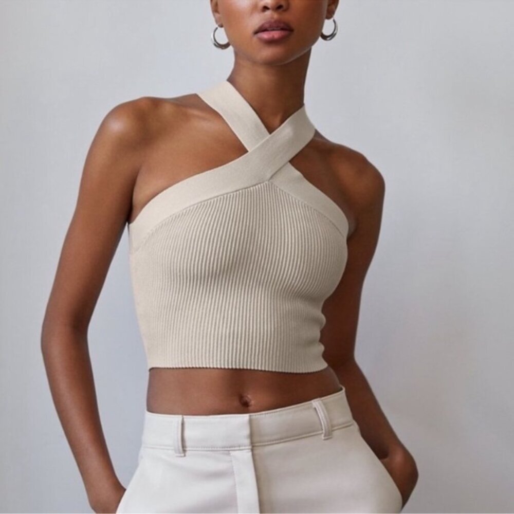 Babaton Cream Ribbed Cross-Front Tank Top